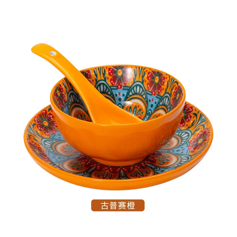 Ceramic Tableware Set Three-Piece Household Rice Bowl Plate Spoon Set Restaurant Hot Pot Barbecue Shop Commercial